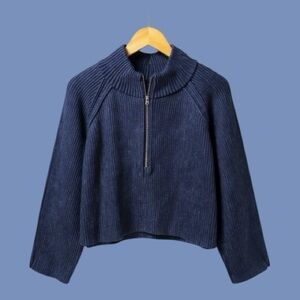 Zenana Two Toned Half Zip Navy Blue and Light Blue Women's Sweater